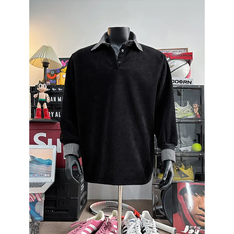 拼接假两件衬衫领卫衣男款春美式复古外套高级感学院风长袖打底衫