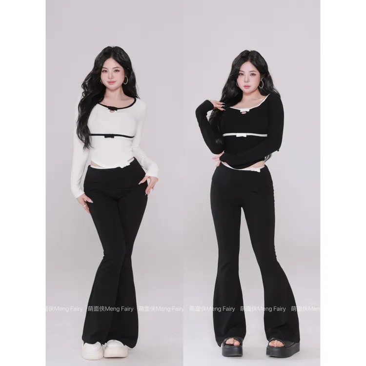 现货萌面侠【魅女狙击】纯欲撞色两穿上衣百搭喇叭裤6331M6320M