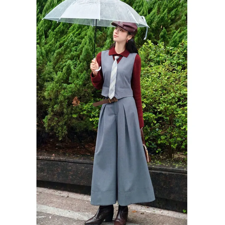 哥弟女装新款简约百搭赫本舒适腿面打褶西装高腰阔腿九分裤110023