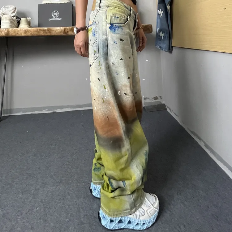 23#美式牛仔裤手绘涂鸦牛仔裤潮流百搭ins潮牌高街宽松长裤裤子男