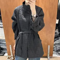 腰带款 长袖中长款立领女休闲系带短外套复古百搭格纹时尚