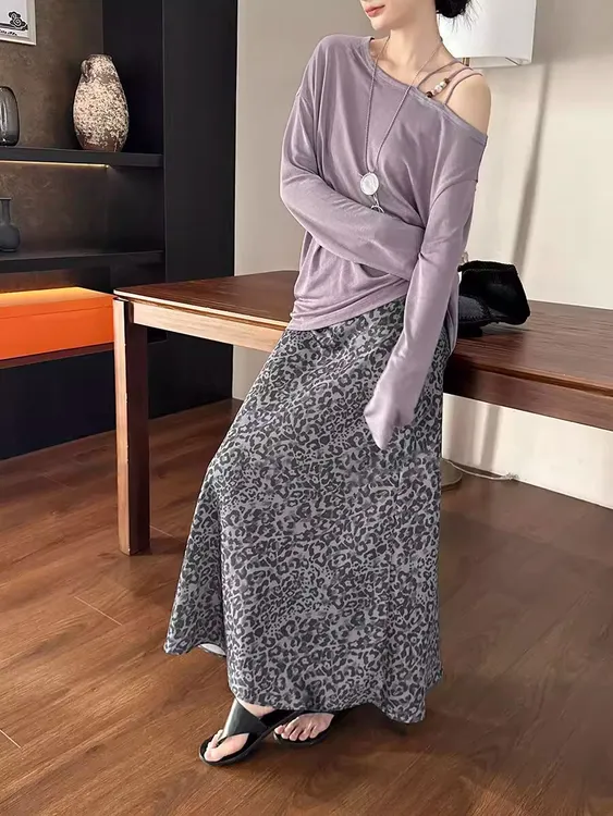 法式松弛感时髦穿搭套装百搭长袖T恤上衣女秋季豹纹半身裙两件套