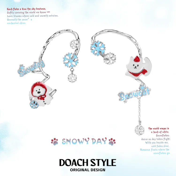 铜合金耳饰 圣诞雪花猫耳夹耳饰原创设计高级无耳洞耳骨夹新年款