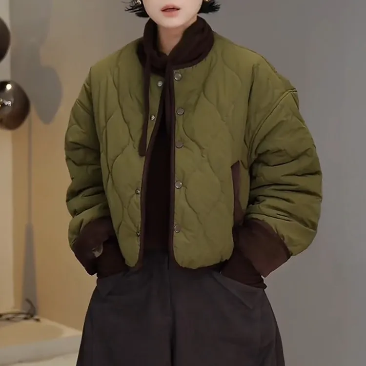 时尚简约圆领撞色单排扣加厚保暖棉服女2025冬季新款宽松显瘦棉衣