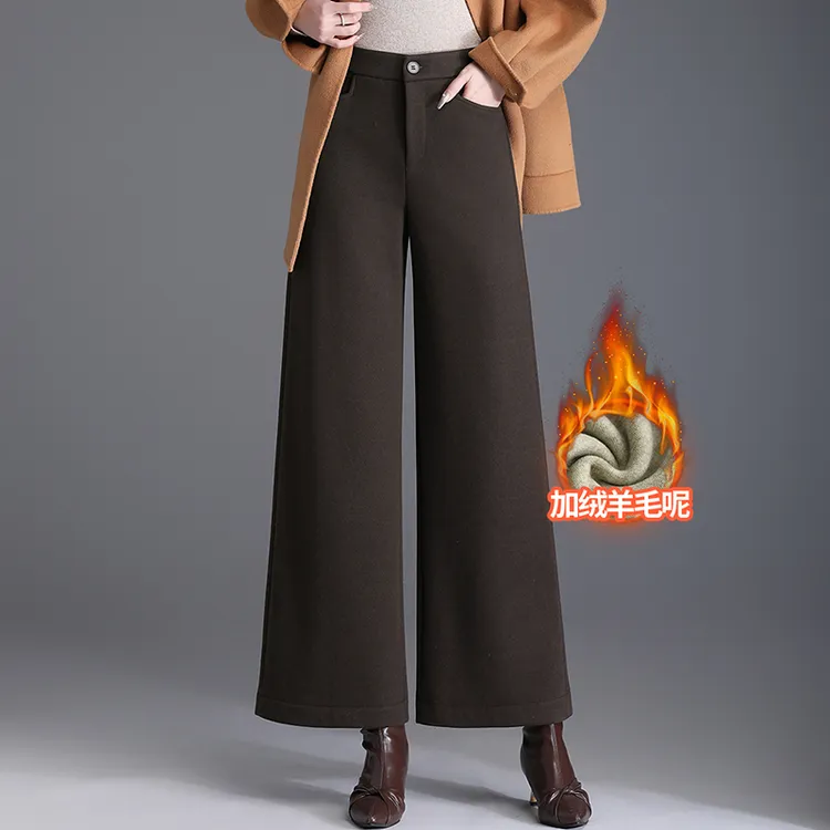 加绒毛呢阔腿裤女2025秋冬新款高腰宽松显瘦通勤休闲直筒九分裤子