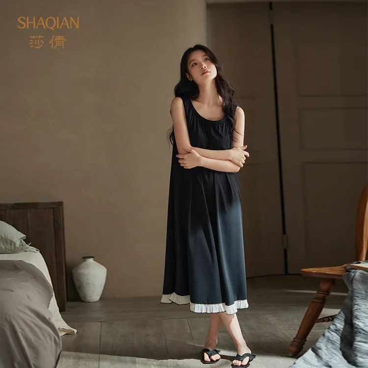 莎倩2025年新款夏季睡裙黑色莫代尔凉感背心女士睡衣可外穿家居服
