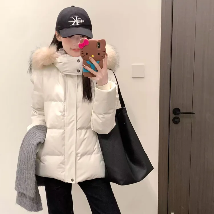 收腰羽绒棉服女2025年新款短款大毛领修身小个子棉衣加厚冬季外套