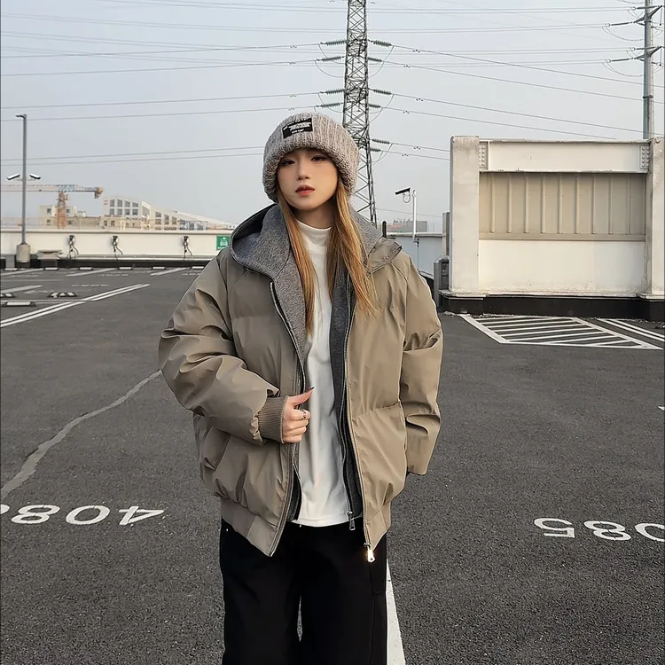 【现货+假两件】冬季连帽PU皮双拉链加厚棉服男女同款宽松保暖棉衣