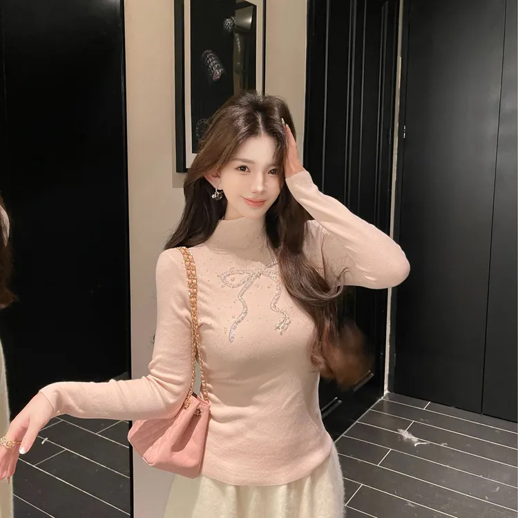 GUIDI GUDI【蝴蝶絮语】韩系半高领重工烫钻钉珠毛衣/黄加蓝