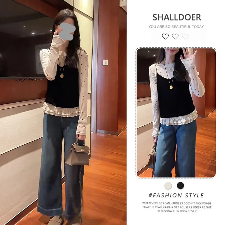 网红洋气炸街套装女2025年春秋新款波点长袖吊带背心阔腿裤三件套