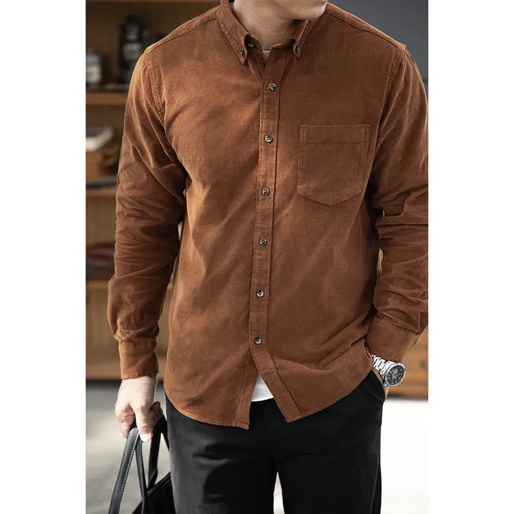 唔刃美式复古ivy水洗灯芯绒雕花扣衬衫长袖纯棉扣领衬衣保暖男士