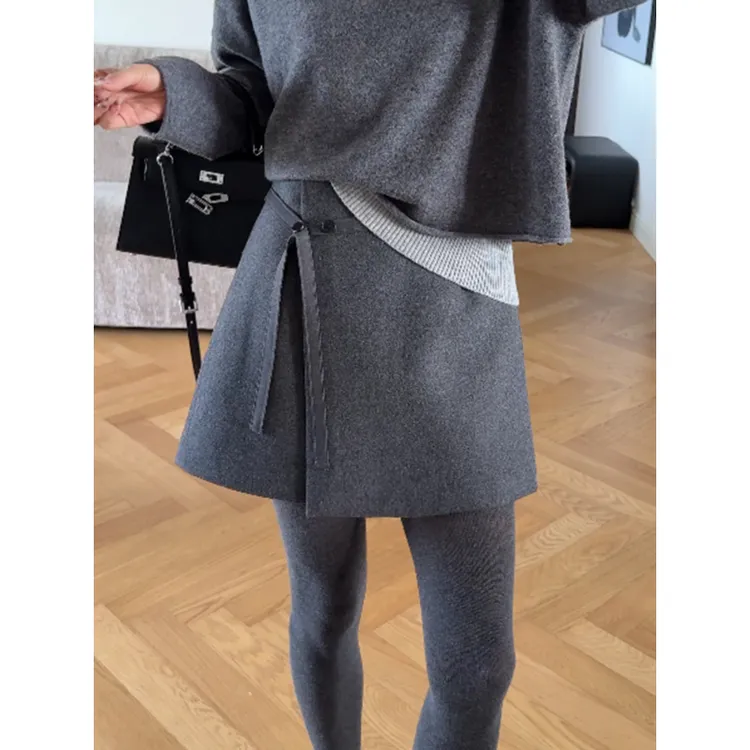 毛呢气质半身裙A字短裙不规则系带纽扣防走光裙秋冬时尚灰色半裙