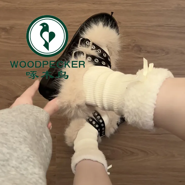 啄木鸟爆款复古加厚保暖厚底玛丽珍毛毛鞋女2026新款外穿加绒棉鞋