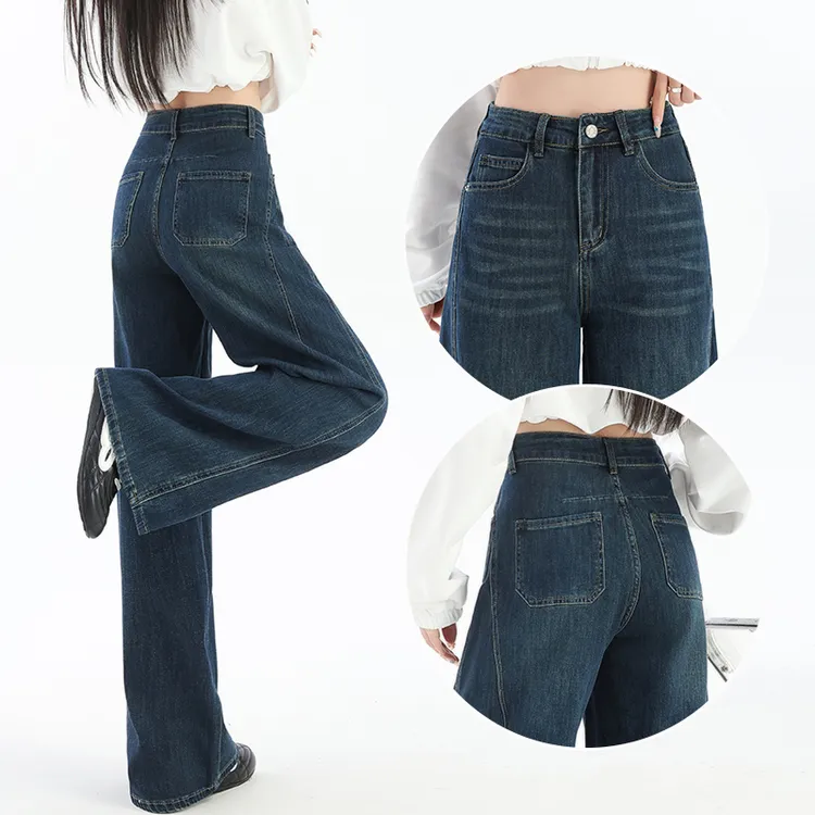 蜜蜜穿搭加绒加厚复古蓝阔腿版镰刀牛仔裤女2025冬季遮腿型弯刀裤