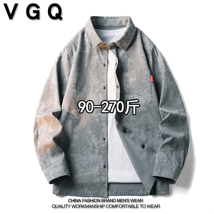 VGQ男士扎染印花衬衫秋季加肥加大胖子复古休闲百搭翻领衬衣外套