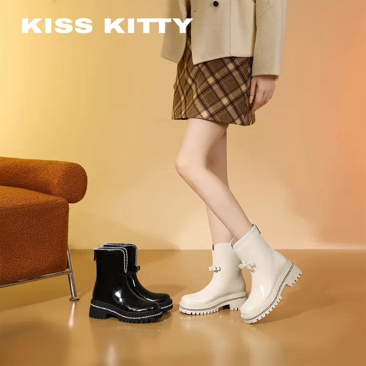 Kiss Kitty珍珠切尔西新款洋气靴子时尚百搭厚底加绒短靴冬季保暖