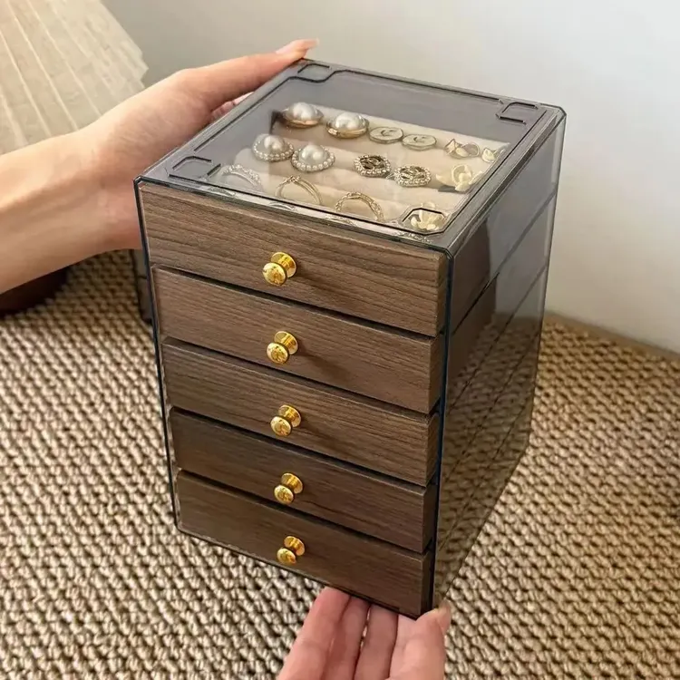 高档精致饰品收纳盒多层胡桃木纹戒指耳钉耳环耳饰收纳首饰盒商品图