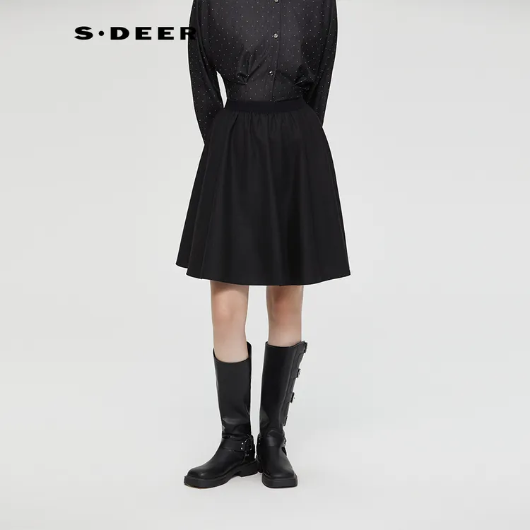 S·DEER圣迪奥半身裙秋冬全棉中高腰双层黑色松紧腰短裙S253Z1303