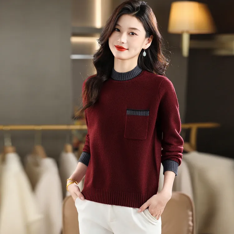 酒红色半高领毛衣女秋冬2025新款内搭短款上衣宽松大码针织打底衫