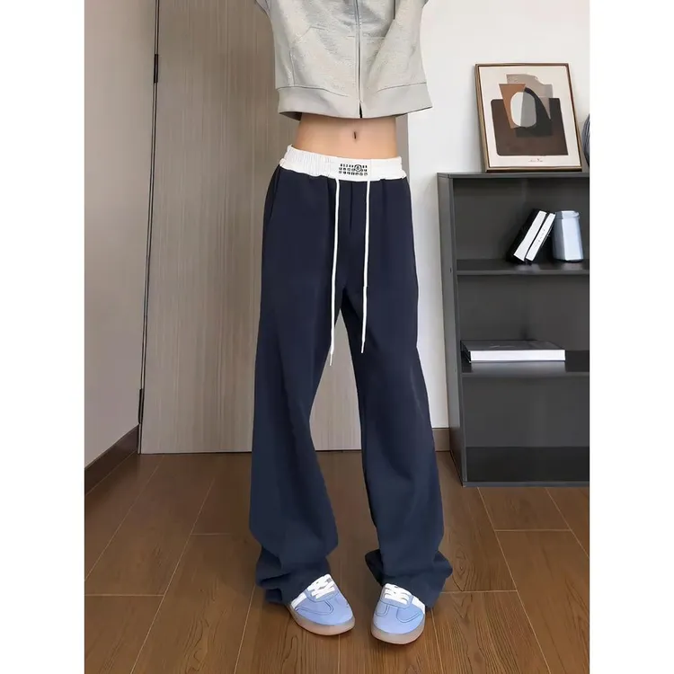 藏青色健身弯刀腰头撞色卫裤男款美式垂感街舞镰刀运动爵士舞裤子