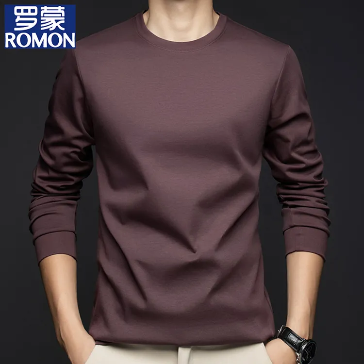 罗蒙长袖棉质T恤男士薄款春季休闲宽松高档圆领纯色套头打底衫t恤