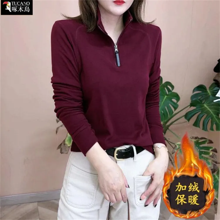 啄木鸟长袖秋冬德绒半拉链立领卫衣女士减龄新款修身纯色打底上衣