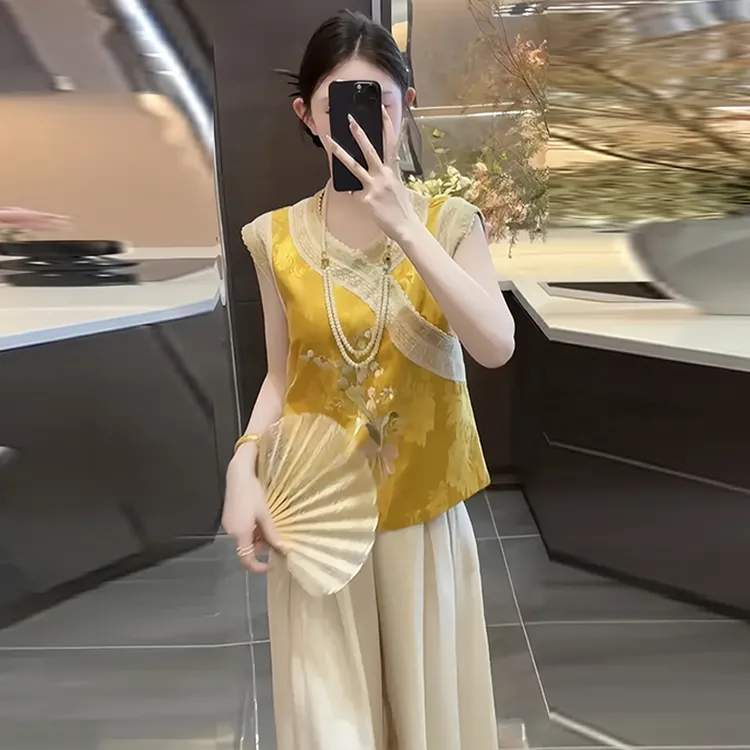 休闲新中式国风套装女2025夏季新款刺绣显瘦遮肉马甲阔腿裤两件套