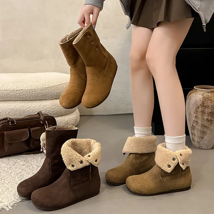 鞋翻领两穿雪地棉靴女大头丑萌面包博肯鞋磨砂皮复古加绒平底短靴