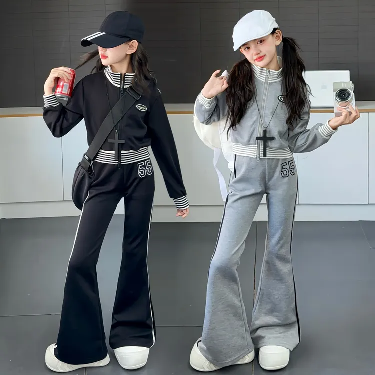 女童秋季套装2025新款5-13岁中大童春秋洋气休闲拼接喇叭裤两件套