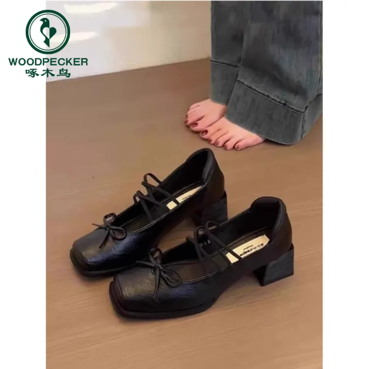 啄木鸟法式芭蕾单鞋小皮鞋2025新款蝴蝶结浅口复古粗跟玛丽珍鞋女
