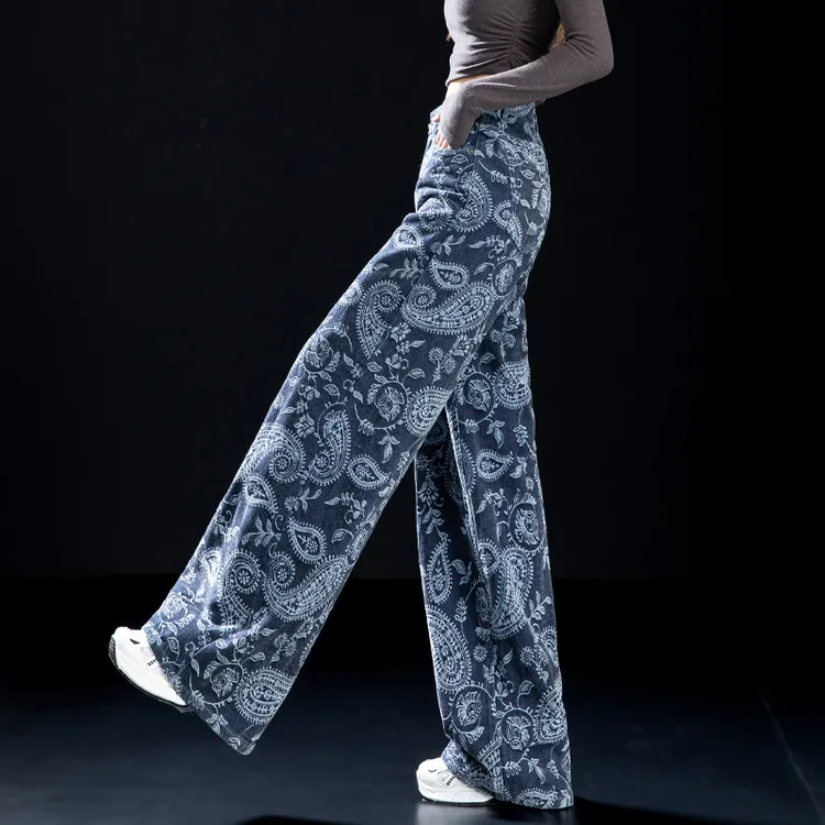 加厚雪尼尔植绒阔腿裤牛仔裤女2026炸街潮款裤子女设计感国风直筒