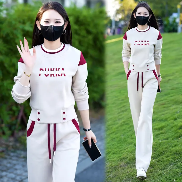 撞色春秋 加绒加厚 女士卫衣运动服套装2025新款休闲时尚两件套