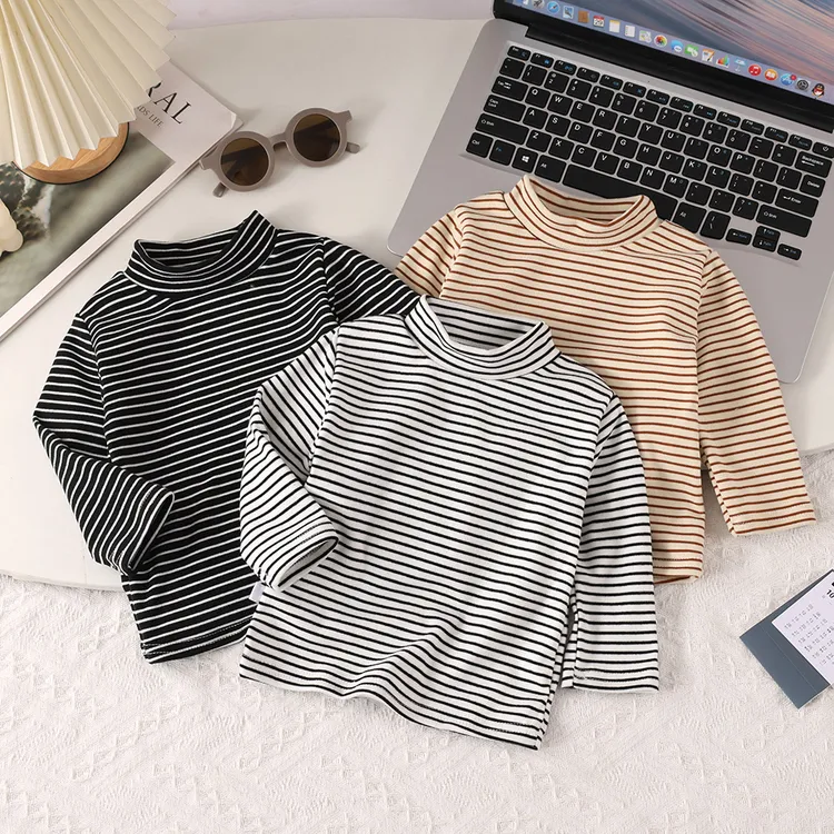 儿童半高领上衣A类条纹T恤男女宝宝长袖打底衫春秋冬季内搭休闲