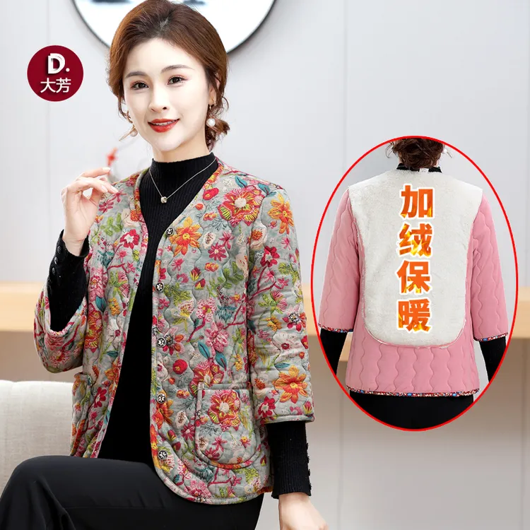 妈妈装秋冬新款七分袖棉衣后背加绒加厚保暖小棉袄中老年女装外套