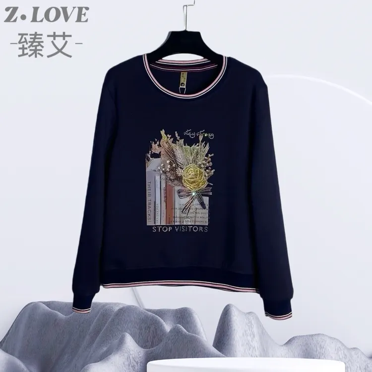 【玫瑰旋风一枝花】圆领长袖刺绣常规小香风套头百搭休闲大码春秋