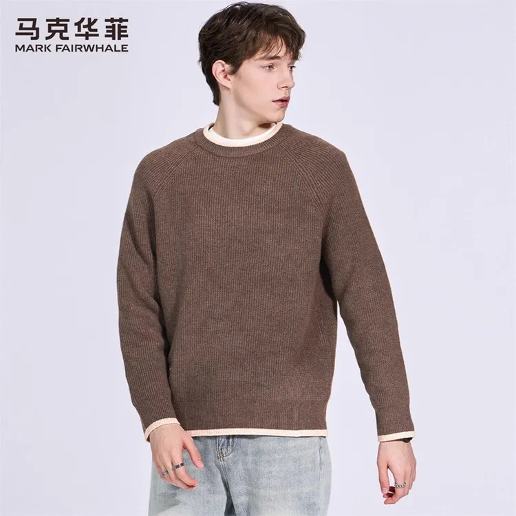 【重磅】马克华菲加厚圆领毛衣男2025秋冬新款刺绣撞色保暖针织衫