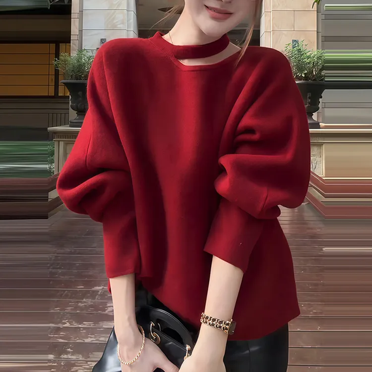 M932设计感挂脖红色针织衫秋冬高级感2026新款爆款超好看上衣