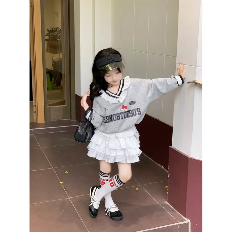 Bmy2025at 女童秋季新款洋气花边卡通卫衣花边层层蛋糕裙套装