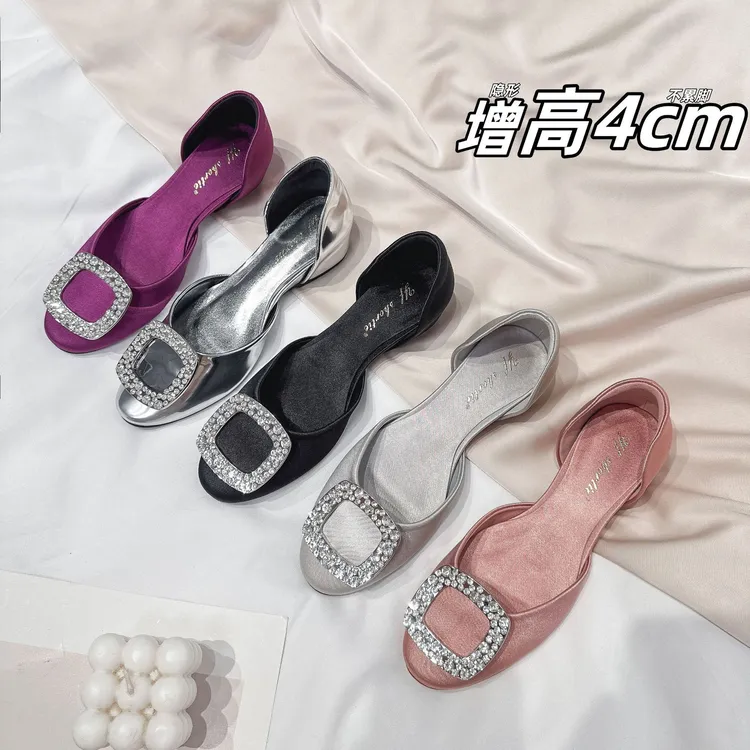2025新款春季欧美绸缎方扣平底鞋水钻单鞋女浅口平跟中空女鞋