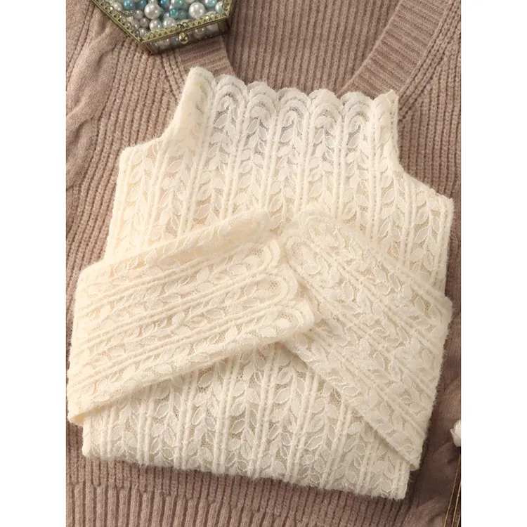 半高领磨毛蕾丝打底衫女加绒2023秋冬新款洋气内搭小衫网纱上衣女