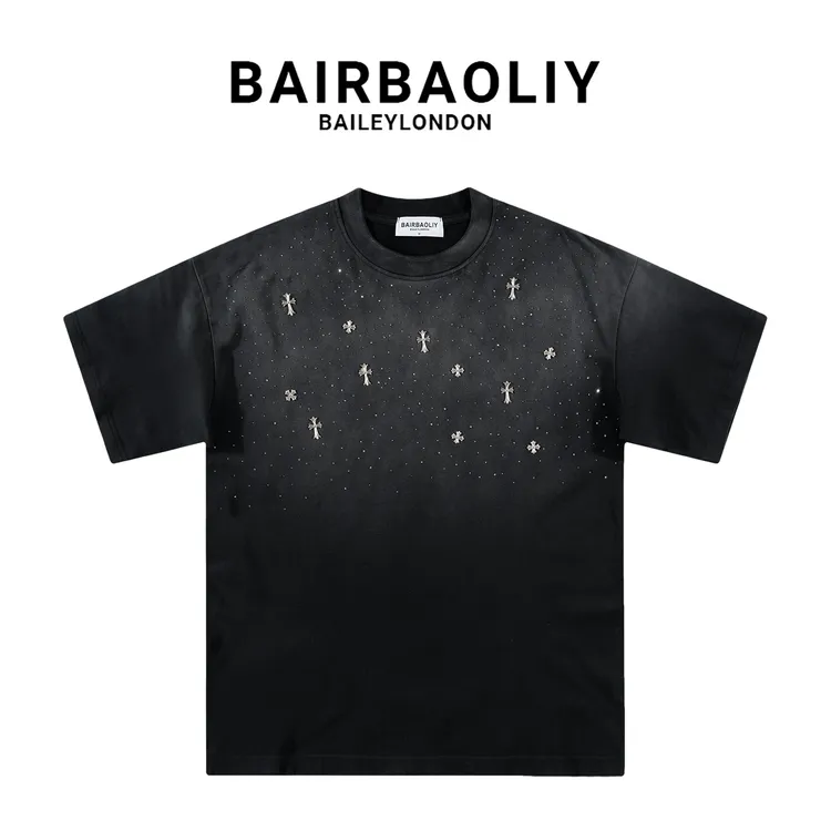 BAIRBAOLIY潮奢重磅十字架满天星烫钻水洗做旧落肩短袖T恤宽松版