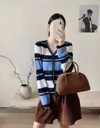 1561【臻炫休闲女装】新款韩系V领条纹时尚百搭开衫上衣