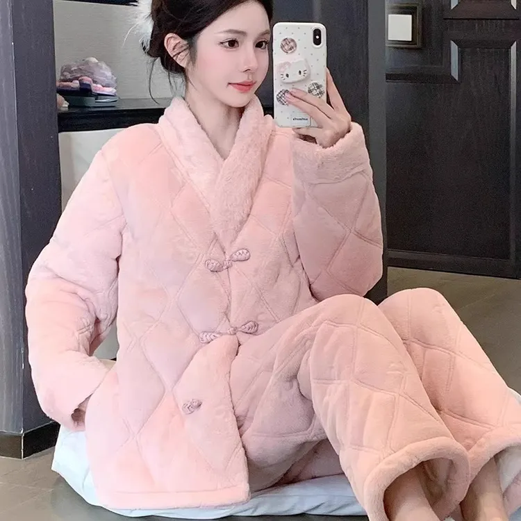 三层夹棉睡衣女款2025新款冬季新中式国风加绒加厚保暖家居服套装