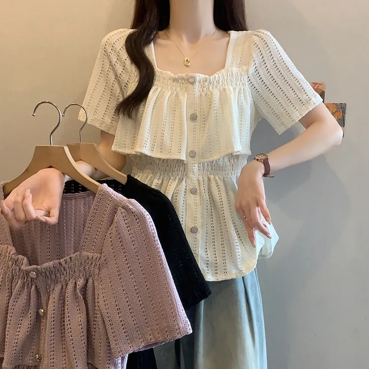 大码法式方领镂空衬衫女夏季荷叶边短袖小衫微胖MM遮肉显瘦上衣