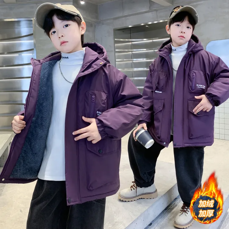男童冬装加绒加厚派克服2025新款中大童洋气秋冬款棉衣儿童装潮款