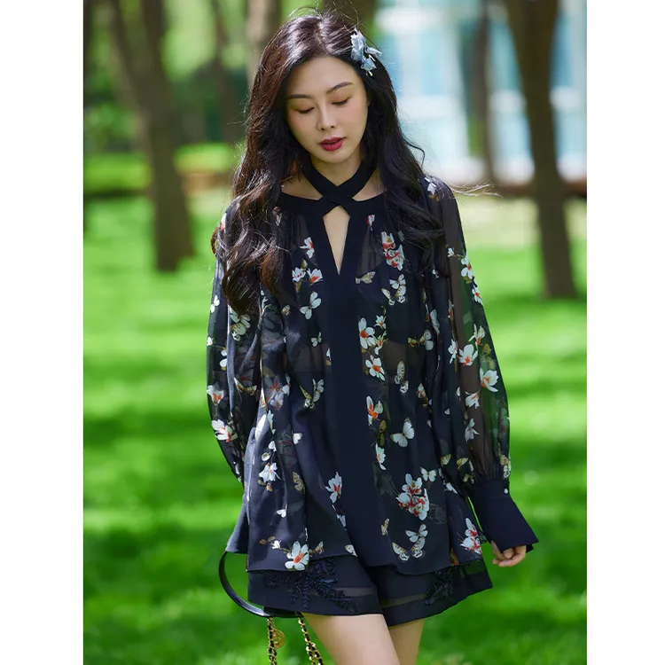 TRACYCHU蝴蝶与花黑色蚕丝绑带长袖薄款百搭衬衫时尚气质仙气飘飘