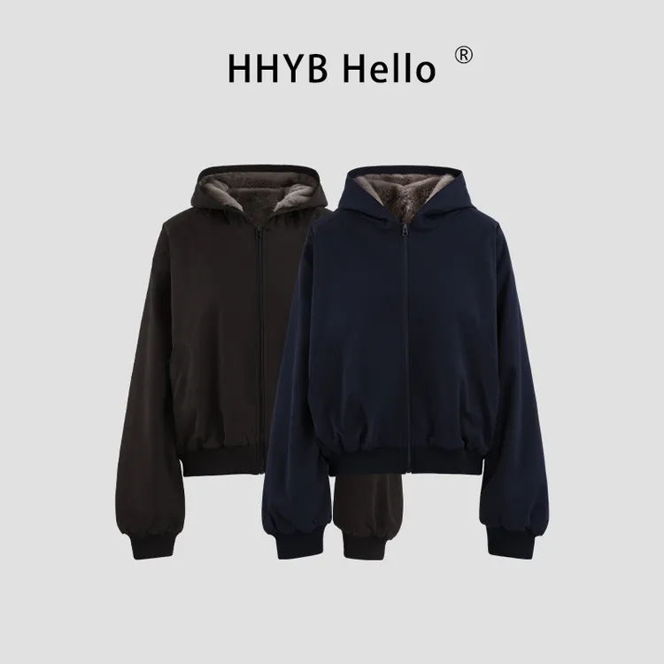 HHYB Hello2025冬季复古宽松连帽毛绒加厚插肩袖夹克外套H70053