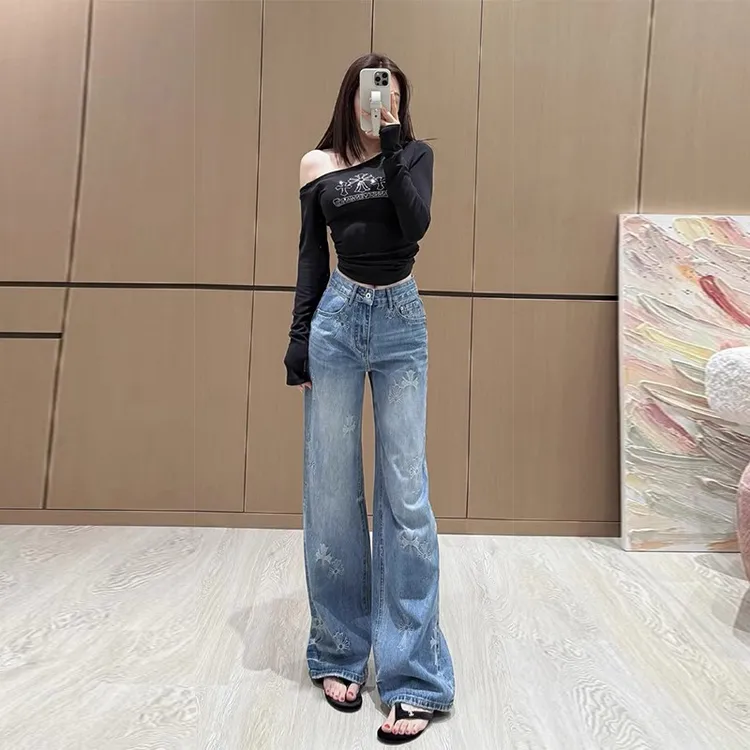 美式复古刺绣窄版阔腿牛仔裤秋装女款爆款2025新款宽松显瘦直筒裤