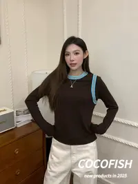 复古假两件撞色修身显瘦长袖T恤#V85090