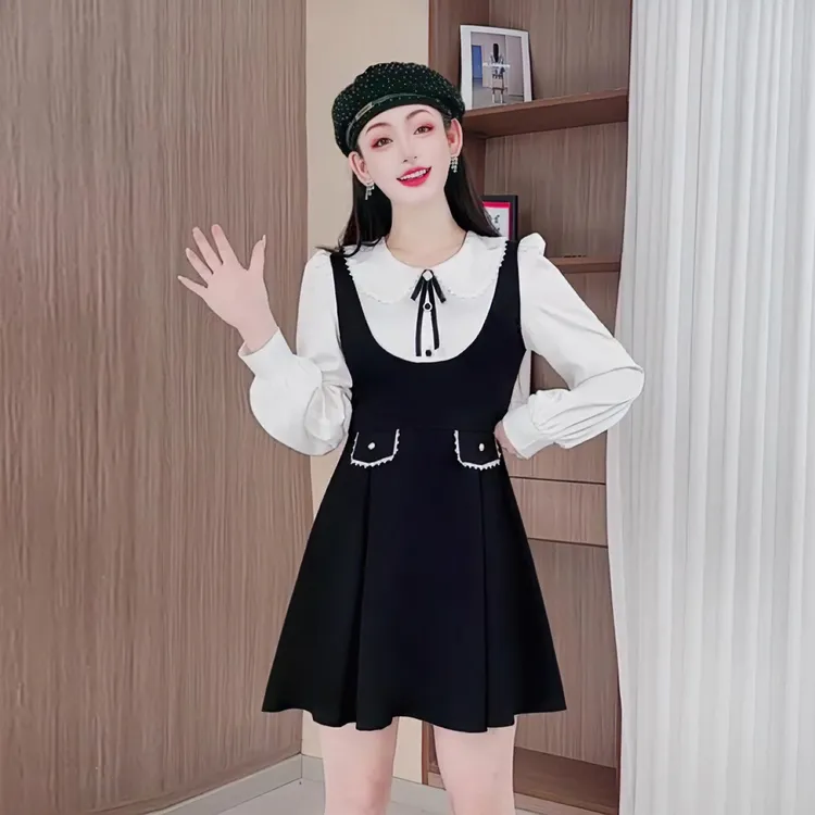 秋冬气质连衣裙高级感显瘦收腰假两件拼接衬衫气质打底裙名媛3718